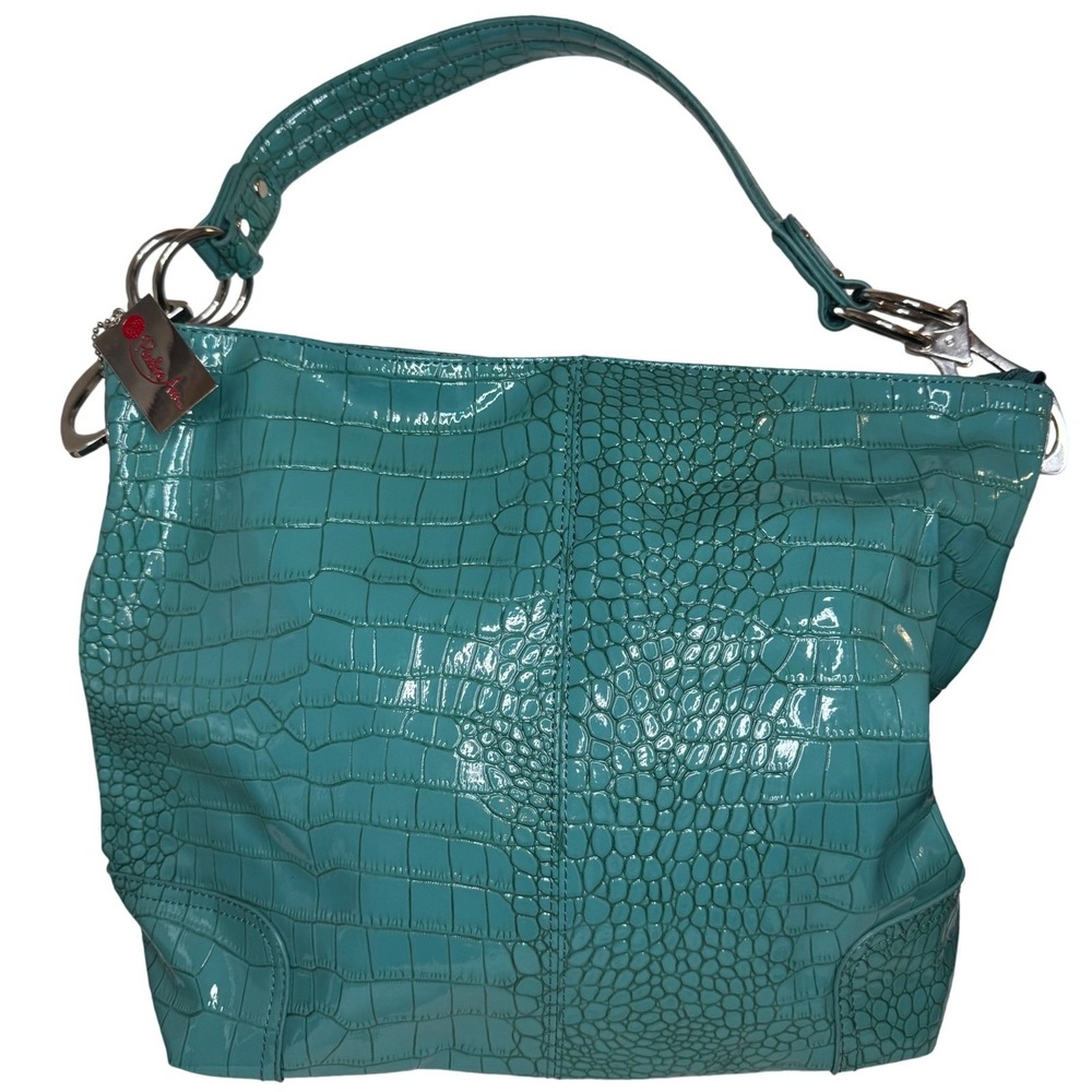 Penelope Ann‎ Teal Croc Embossed Faux Leather Hobo Bag Shoulder Purse Glossy